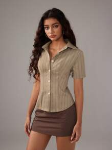 TRNVIE 女士简约日常短袖衬衫 - 鏽棕色 - 查看 5