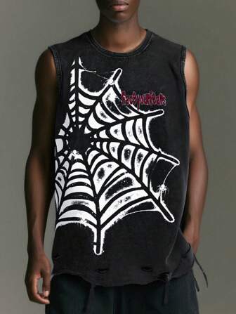 Goth Men Spider Washed Acid-Washed Casual Sleeveless Tank Top, Halloween