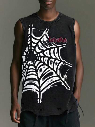 Goth Camiseta de tirantes casual con lavado ácido de araña para hombres, Halloween