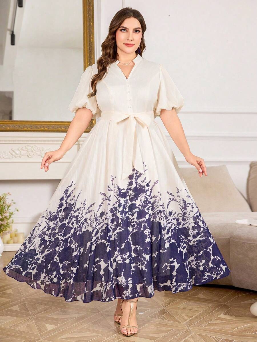 Modelyn Plus Size Women Elegant Printed Waist-Cinched Flare Dress