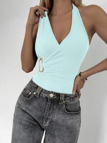 Roylia Women Metal Button Detail Knit Halter Bodysuit - Baby Blue - View 5
