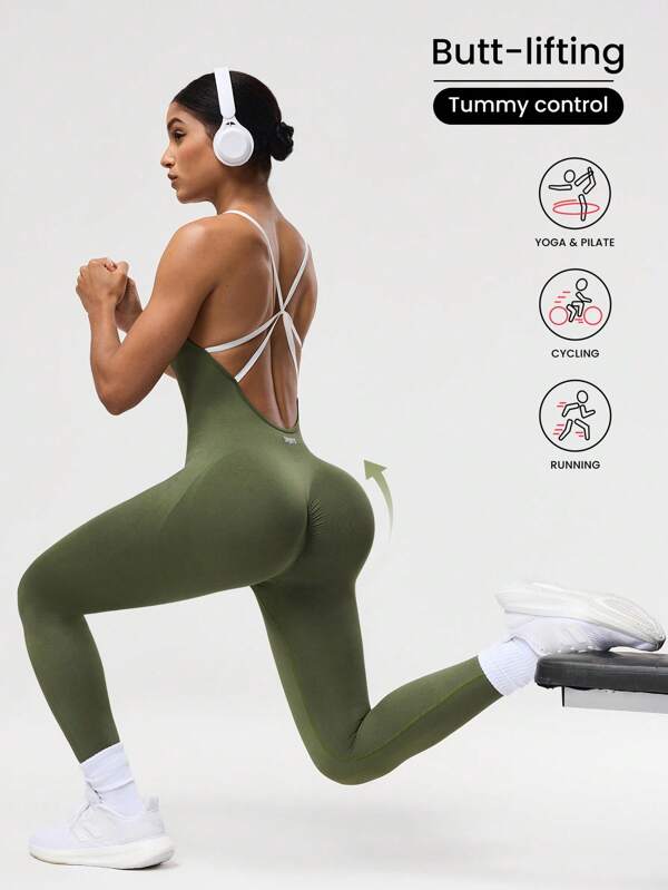 Seamluxe SHEIN Sport Macaquinho Esportivo Ioga Justo Sexy com Cruzamento nas Costas, Sem Manga, Feminino