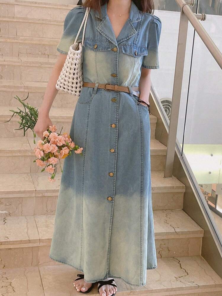 Vintage Washed Ombre Denim Lapel Collar Long Fitted Short Sleeve Open Front Denim Dress, Summer Maxi Dress