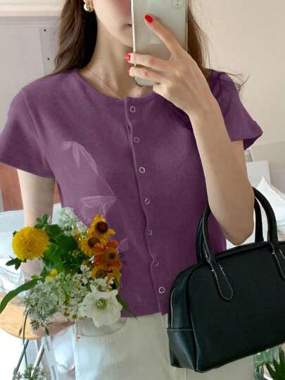 DAZY Camiseta tipo cardigan de manga corta, cuello redondo, ajustada, de unicolor gris, para primavera/verano