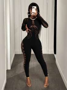 BamGleam Women's Long Sleeve Sexy Hollow Out Mesh Jumpsuit Fall Cloth For Women - Black - View 5