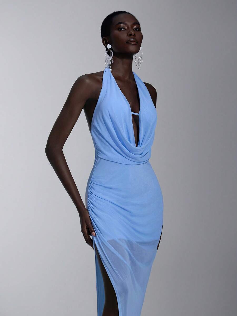 Elitara 优雅水蓝色垂坠领口露背性感开衩下摆透视网眼鱼尾伴娘礼服 - 淺藍色 - 查看 1