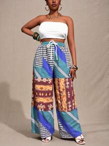 Slaydiva Pantaloni larghi multicolore in tessuto stampato con laccio, adatti per festival musicali, matrimoni e street style casual, per donne formose, nuova collezione primavera/estate 2025 - Multicolore - Visualizzare 2