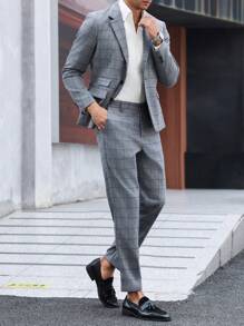 Manfinity Mode Plus Size Men's Plaid Jacket And Pants Set - Grey - View 5