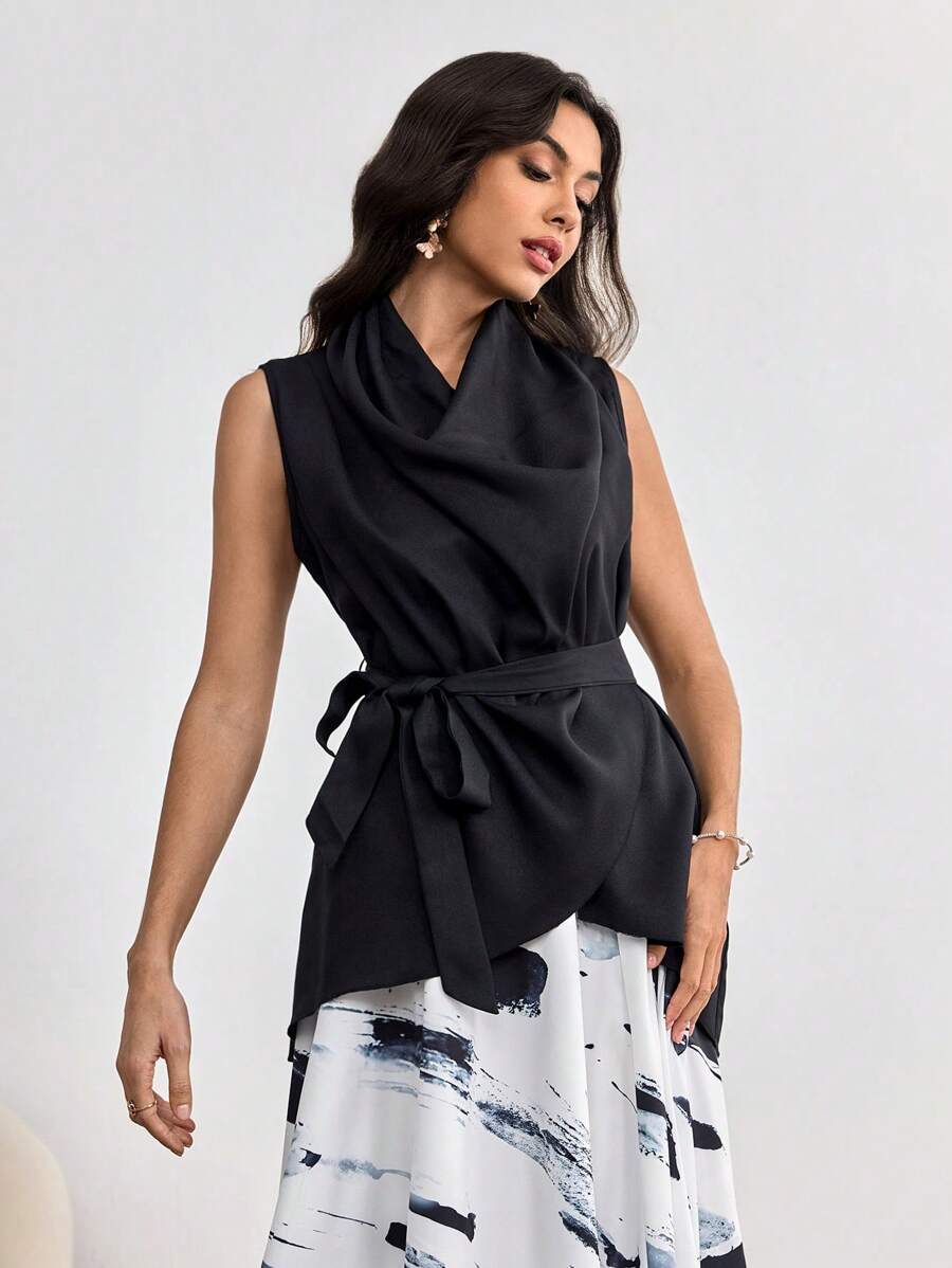 Modelyn 1 pieza Blusa asimétrica sin mangas para mujer, para primavera y verano - Negro - Ver 1