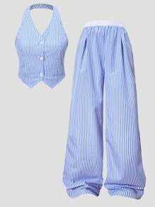 2 pièces Ensemble de gilet sans manches rayé & pantalon large rayé pour adolescente, tenue décontractée légère pour le bureau et le port quotidien, été