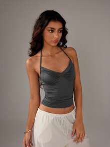TRNVIE Versatile V-Neck Tie Spaghetti Strap Tank Top For Women - Dark Grey - View 5