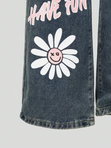 SHEIN Jeans de mezclilla casual y sencillo con estampado y rotos para adolescentes, en azul medio - Azul lavado oscuro - Ver 3