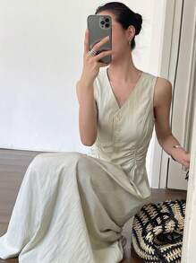DAZY 2pcs Women Pleated V-Neck Sleeveless Cardigan And Loose Long Skirt Casual Two Pieces Outfits - Khaki - View 2