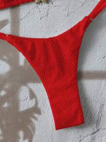 Swim Mod 2 Pieces Swimsuit Set, Summer Beach Outfit For Women, Solid Color Textured Fabric With Metal Starfish Decor Halter Neck Red Bikini And Thong Bottom Demon Slayr Holiday - Red - View 3