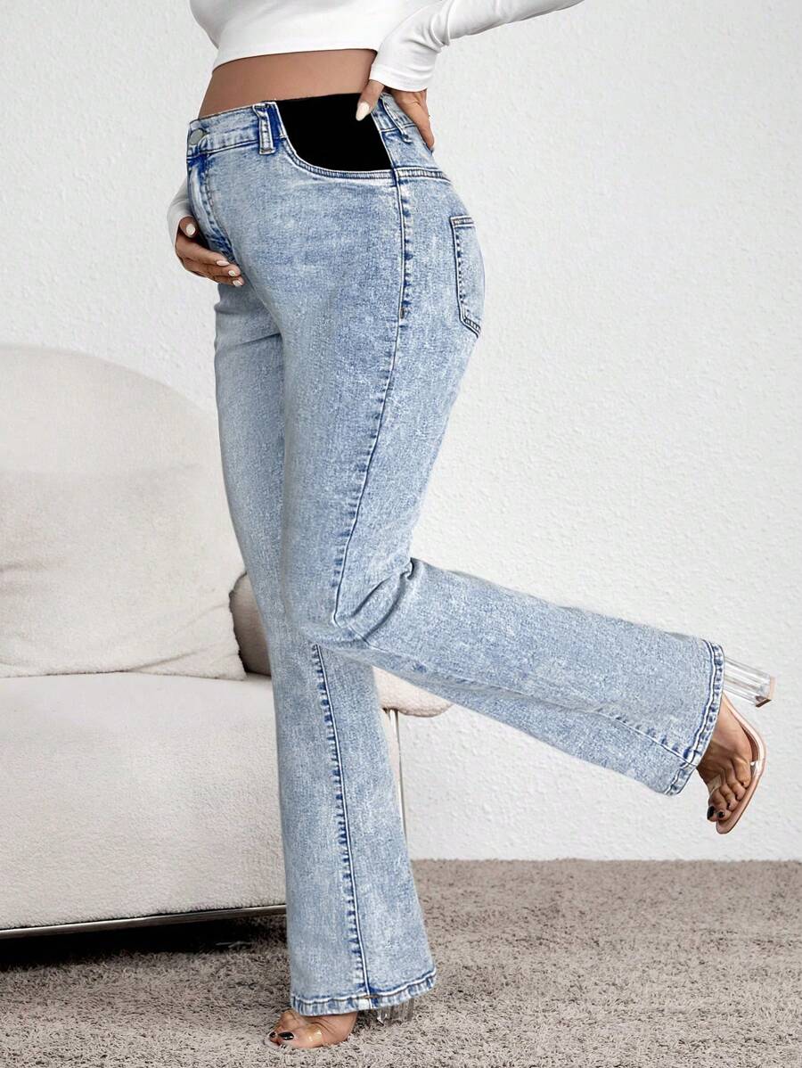 SHEIN Quần Jeans ống loe màu tương phản cho bà bầu thường ngày đa năng - Rửa nhẹ - Xem 1
