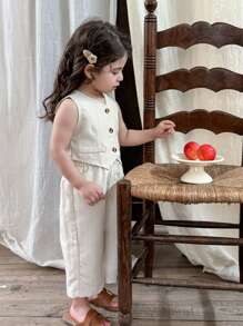 LMoss Kids LMoss Baby Girl Woven Plain Top And Loose Casual Pants Set, Setsisters Outfit - Apricot - View 4