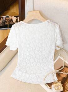 SHEIN Clasi New Elegant Lace White Puff Collar Fitted Women Short Sleeve T-Shirt - Beige - View 2