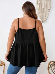 SHEIN CURVE+ 大码女式华夫格针织上衣，娃娃款吊带背心，波西米亚风度假夏季/乡村/海滩风 - 黑色 - 查看 2