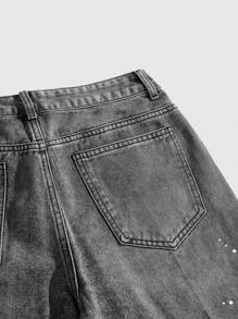ROMWE MEN Street Life Men's Sparkling Letter & Diamond Decor Loose Fit Denim Shorts - Grey - View 5