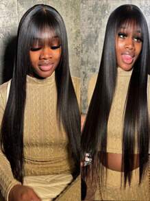 Tóc giả bằng tóc thật 5x5 đóng bằng ren vô hình có mái, đường chân tóc tự nhiên, cắt sẵn ren, thẳng và thẳng, tóc giả dài màu tự nhiên bằng lụa cho phụ nữ - Natural Black - Xem 2