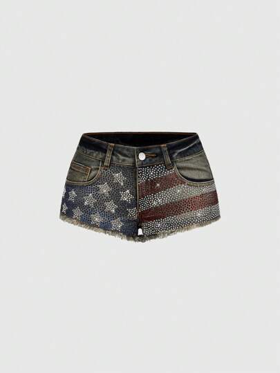 Grunge Punk Y2K Style Flag Rhinestone Ripped Vintage Wash Super Low Waist Denim Shorts