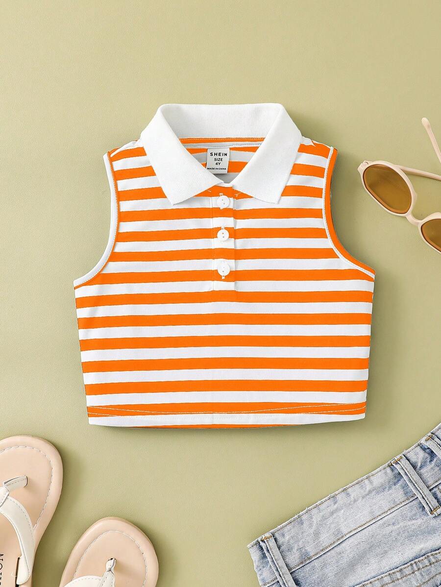Young Girl Striped Polo Collar Form-Fitting Casual Crop Top - Orange - View 1