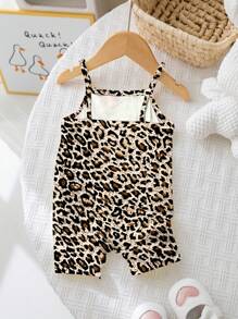 SHEIN Bộ đồ liền thân in họa tiết da báo cổ điển dễ thương cho bé gái, phù hợp cho mùa xuân và mùa hè - Nhiều màu - Xem 2