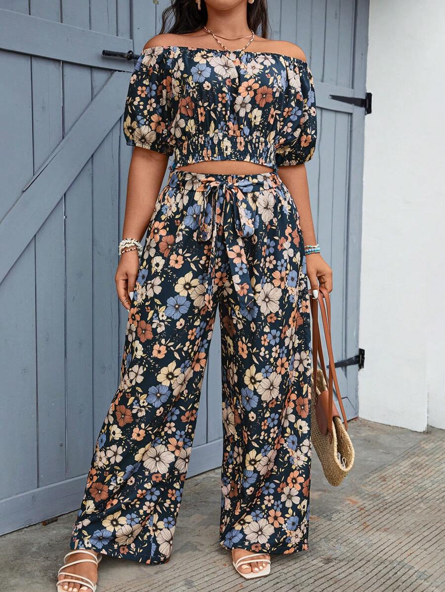 SHEIN VCAY Plus Size Women Floral Print Off-Shoulder Short Puff Sleeve Shirt And Wide Leg Pants 2 Pieces Set, Vacation Fashion Beach Outfits For Woman Birthday Outfits For Women Vacation Two Pieces Set Summer Outfits For Women Vacation Outfits Woman Graduation Outfits Woman Boho Women's Clothing Rave Outfits Festival Going Out Outfits Airport Outfit For Women Western Country Outfits Women 4th Of July Women European Summer Women Summer Clothing Woman S Summer Clothes Women S Clothes Women Summer Clothes Dre - Multicolor - View 1