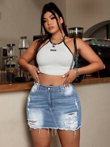 SHEIN ICON Plus Size Denim Mini Skirt, Fashionable For Summer