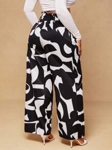 SHEIN SXY Plus Size Women Geometric Print Knotted Waist Pockets Wide Leg Pants,Suitable For Early Spring, Spring And Summer, Rainforest, Beach Party, Seaside Vacation, Bonfire Party, Cool And Light, Slim Fit, Comfortable To Wear,Easy To Match&Looks Slim,Accent Your Body,Flatter The Figure
