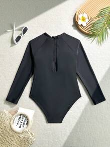 Tween Mädchen Badeanzug für die Übergangsphase, schwarze einfarbige bedruckte Langarm-Ausführung