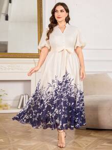 Modelyn Plus Size Women Elegant Printed Waist-Cinched Flare Dress