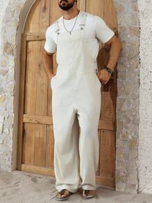 Manfinity RSRT Men's Linen Pocket Patched Overalls, Casual Versatile, Suitable For Travel & Vacation, Fall