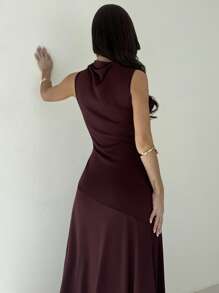 Firerie Women's Elegant Asymmetrical Shoulder Cinched Waist A-Line Sleeveless Knit Long Dress, Purple Red, Suitable For Vacation, Beach, Party Business Casual Woman,Bodycon Dress,Graduation,Teacher Outfits For Women,Teacher Dress