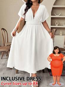 SHEIN CURVE+ Plus Size Women Elegant Woven Short Sleeve Pure White Collar Lace Trim Loose Fit Dress - White - View 1