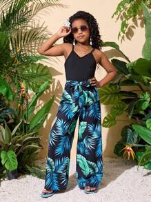 SHEIN 2pcs/Set Tween Girls' Holiday Cami Top And Flared Pants Set, Suitable For Vacation - Blue - View 4
