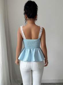 Elenzga Camiseta sin hombros con volantes y decoración floral para mujer