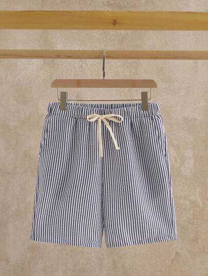 HIMLAND Men Drawstring Waist Striped Print Shorts Knee Shorts, For Husband, Boyfriend Gifts