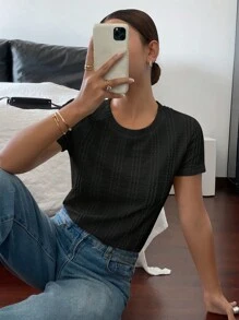 Siren Gaze Áo thun trơn họa tiết đa năng thường ngày dành cho nữ, mùa hè - màu đen - Xem 6