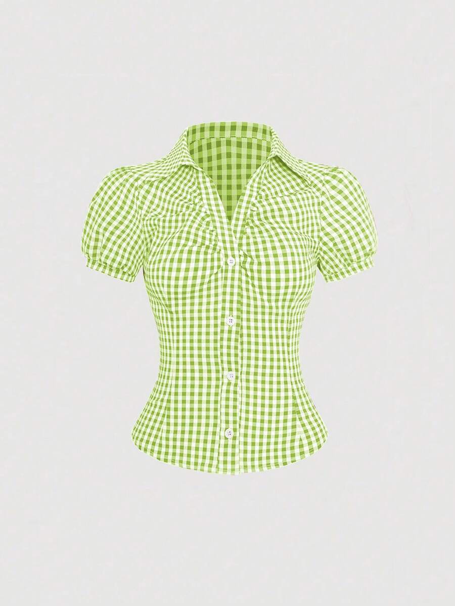 Sweetra 女士复古红白荷叶边短袖衬衫，修身春夏季 - 綠色 - 查看 1