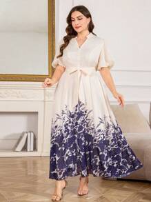 Modelyn Plus Size Women Elegant Printed Waist-Cinched Flare Dress