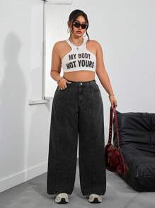 SHEIN PETITE CURVE Plus Size Casual Washed High Waist Wide-Leg Jeans - Black - View 6