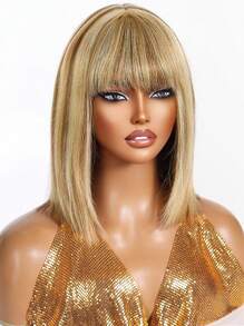 Short Bob Human Hair Wigs With Bangs Natural Straight Bob Wigs For Women Blend Blonde Color Glueless Wig Easy To Wear Daily Vacation Wedding Halloween Costumes - S10/16/613 - View 3