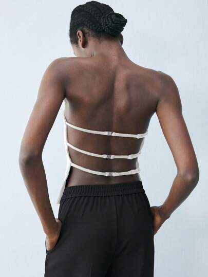 Maija Women's White Open Back Adjustable Decor Blouse, Fashionable For Commuting, Business Casual, Vintage Style, Sexy Women's Backless Halter Top
