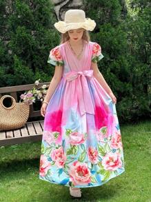 SHEIN LMoss Kids Tween 女童碎花 V 领休闲梭织连衣裙 - 彩色 - 查看 4