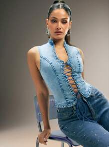 Denimoi Denim Top Open Front O-Ring Lace Up Sleeveless Top Denim On Denim Summer Outfits For Women Summer Style Concert Outfits Sexy Top - Light Wash - View 2