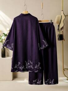 SHEIN Lacomfia Bộ quần ống rộng và áo sơ mi đơn sắc in họa tiết vải lanh giống tre dành cho nữ, cỡ lớn - Màu tím - Xem 2