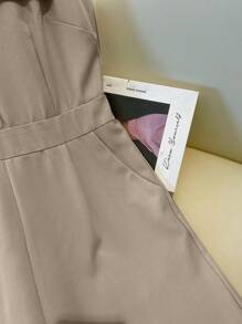 GlowEve 女士优雅金属纽扣装饰口袋高腰直筒连体裤，春夏 - 卡其色 - 查看 3