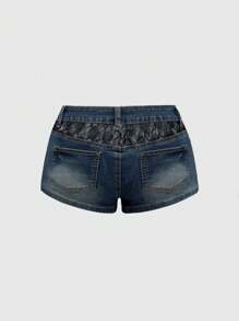 ROMWE J-Fashion Shorts mini in vita bassa, invecchiati e consumati, con inserti in pizzo nero lavato in stile vintage