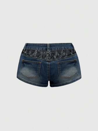 J-Fashion Shorts mini de cintura baja con parches de encaje negro desteñido y desgastado en estilo vintage